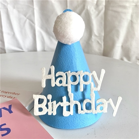 Mũ sinh nhật vải cho bé màu XANH bông trắng (12*14cm)