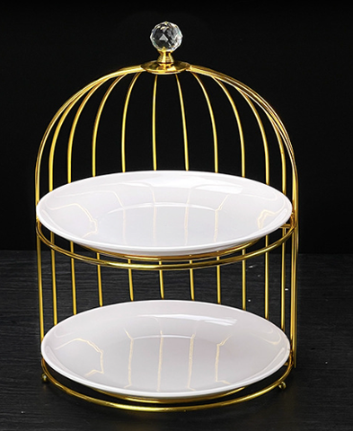 Cakestand lồng chim 2 tầng đĩa sứ TRÒN
