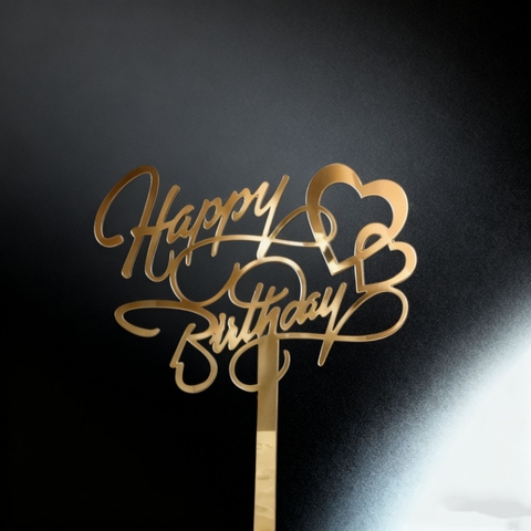 Topper mica HPBD uốn lượn 2 tim lồng vàng