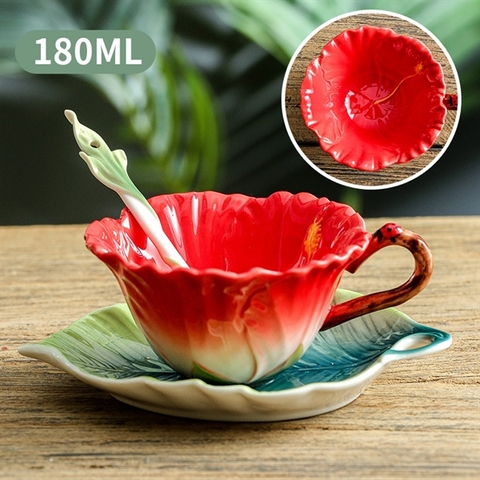 Set tách đĩa thìa 3D Họa tiết Hoa Dâm Bụt cao cấp