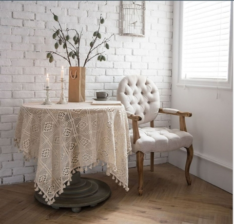 Vải Decor móc ren màu be 60*60cm (tua rua)