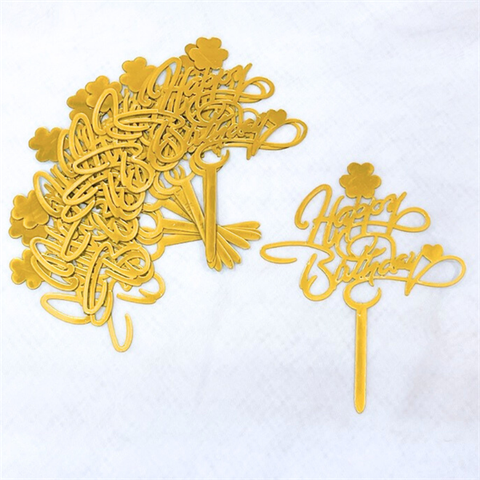 Topper mica Set 10 HPBD vàng tim hoa