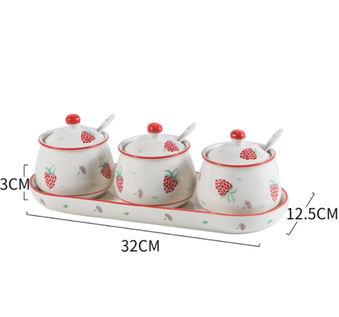 Bộ 3 Hũ gia vị dâu tây kèm khay sứ