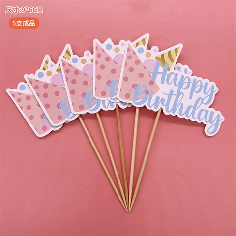 Set que cắm 5 QUE HPBD mũ sinh nhật chấm bi HỒNG