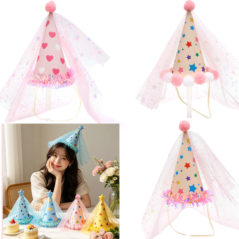 Mũ sinh nhật voan hồng nhỏ (11*16cm) - giao mẫu ngẫu nhiên