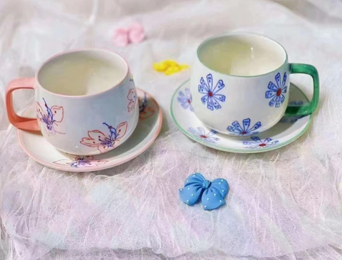 Set cốc đĩa hoa họa tiết xanh