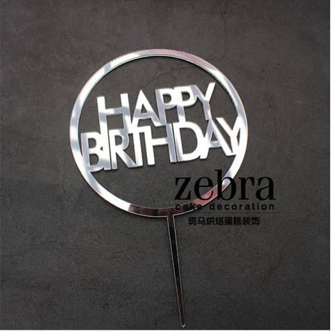 Topper mica HPBD chữ in 1 vòng tròn bạc