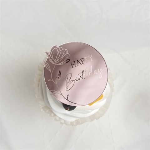 Set 5 TAG Topper mica tròn HAPPY Birthday Mix màu HỒNG