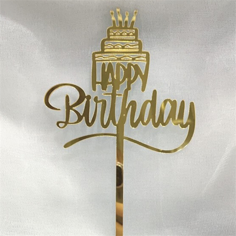 Topper mica HPBD bánh sinh nhật VÀNG