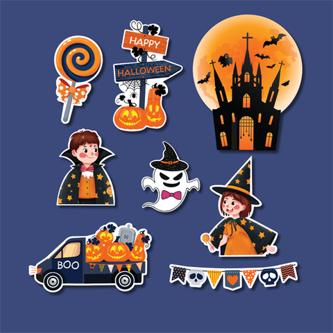 Set que giấy HLW nhà trăng + xe bí ngô + dải cờ