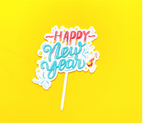 Topper mica HPNY3 chữ hồng xanh nền trắng