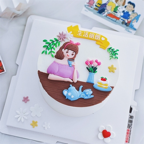 Set Que kute cô gái áo tím uống trà + bánh + hoa