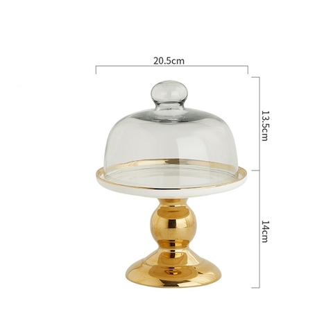 Cakestand nắp thuỷ tinh chân sứ VÀNG size 20cm