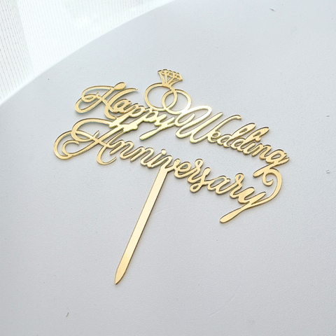 Topper mica Happy Wedding Anniversary vàng