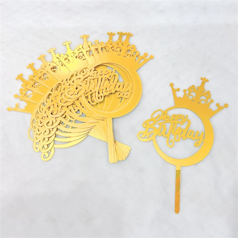 Topper mica Set 10 que HPBD TRÒN VƯƠNG MIỆN VÀNG