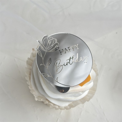 Set 5 TAG Topper mica tròn HAPPY Birthday BẠC