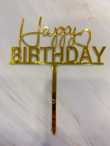 Topper mica HPBD chữ thường-chữ in trái tim vàng