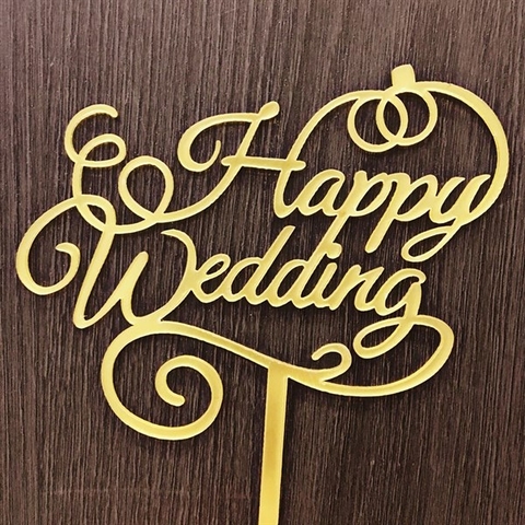 Topper mica Happy Wedding vàng