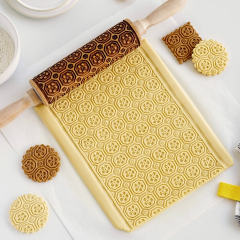 Cán bột gỗ in hoa văn size 35cm mã 49