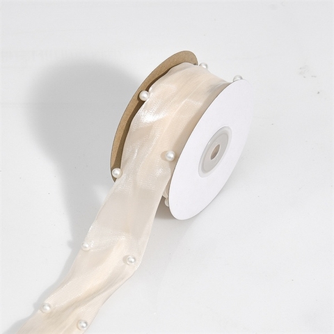 RB lụa 2 lớp ánh NHŨ đính hạt ngọc trai màu NGÀ 4.5M*4CM