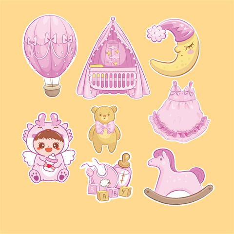 Set que giấy Bé GÁI RỒNG ôm bình sữa phụ kiện HỒNG (combo2)