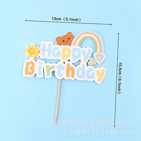 Que cắm chữ HPBD CẦU VỒNG+ HOA, GẤU chữ màu XANH