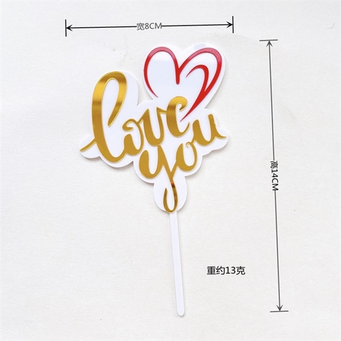 Topper mica LOVE YOU nền trắng TIM NÉT ĐỎ