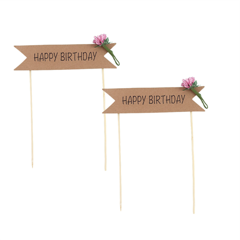 SET 2 Que cắm Biển hiệu HPBD GIẤY NÂU NHỌN 2 CẠNH + HOA HỒNG