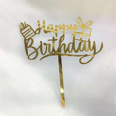 Topper mica HPBD bánh sinh nhật hộp quà VÀNG