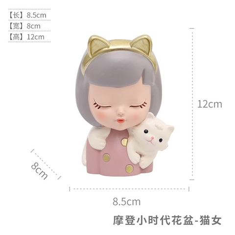Tượng bé gái ôm mèo áo hồng cao 12cm