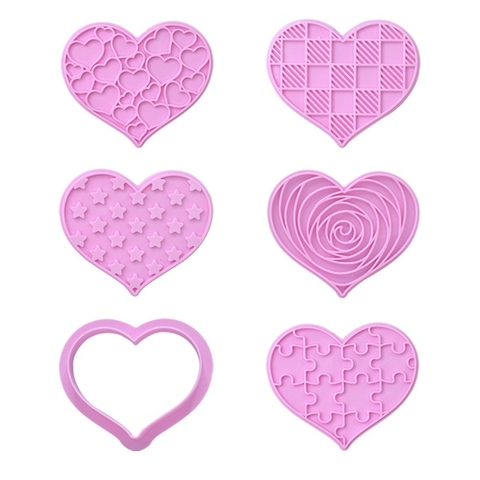 Set khuôn nhấn 6 tim mix họa tiết màu HỒNG