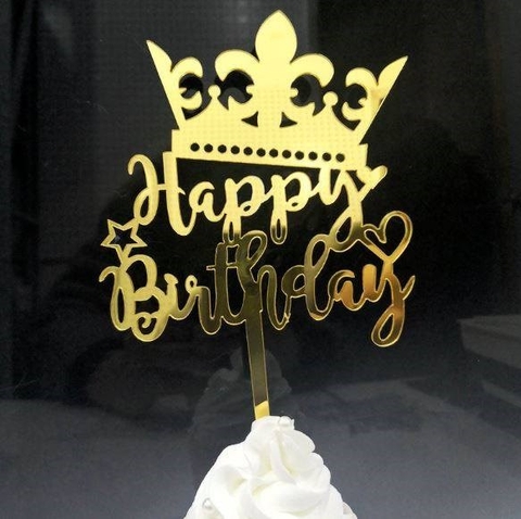 Topper mica HPBD vương miện vàng