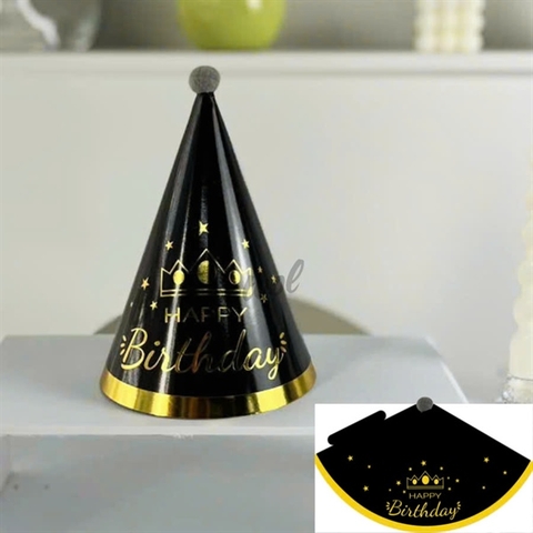 Mũ sinh nhật giấy chóp bông ÉP NHŨ VÀNG ĐEN ( 10 mũ)