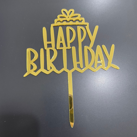 Topper mica HPBD nơ gạch chân VÀNG