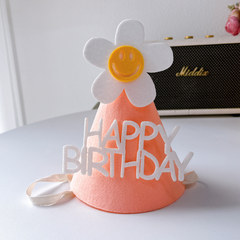 Mũ sinh nhật vải cho bé màu HỒNG CAM HOA TRẮNG