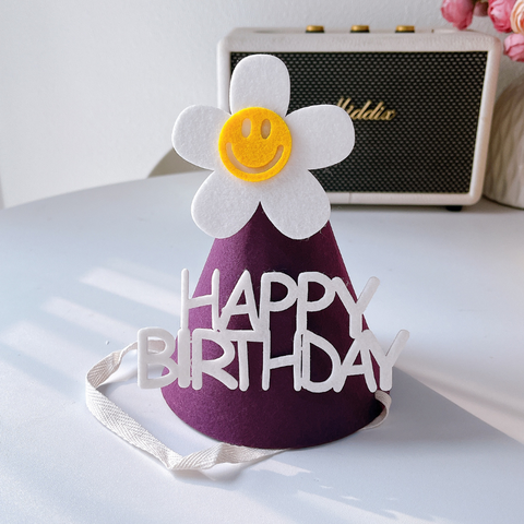 Mũ sinh nhật vải cho bé màu TÍM HOA TRẮNG (12*14cm)