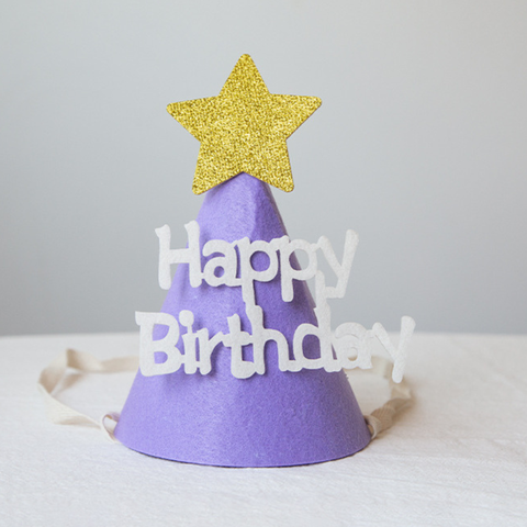 Mũ sinh nhật vải cho bé màu TÍM sao vàng (12*14cm)