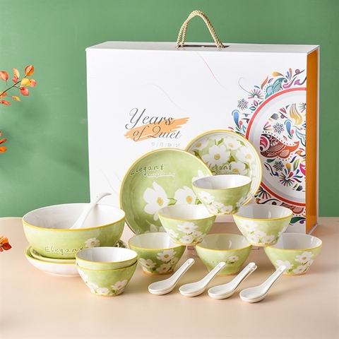 Bộ bát đĩa hoa xanh cốm Elegant full box (22 chi tiết)