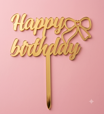Topper mica HPBD chữ đậm nơ vàng
