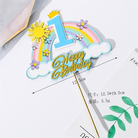 Que cắm 2 lớp CẦU VỒNG + số 1 XANH + MẶT TRỜI chữ HPBD nhũ vàng