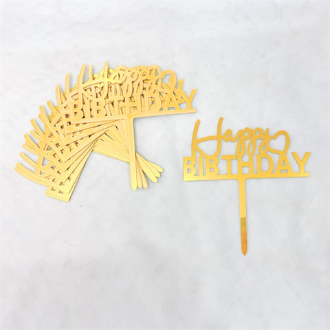 Topper mica Set 10 que HPBD chữ THƯỜNG IN TRÁI TIM VÀNG