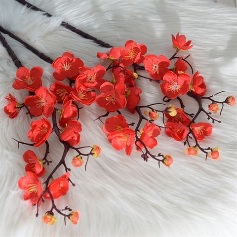 Cành hoa đào nhựa màu đỏ 50cm