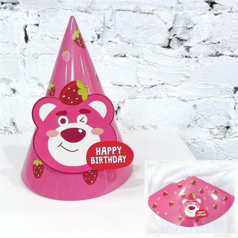 Mũ sinh nhật giấy- Gấu Lotso dâu tây hồng (10mũ)
