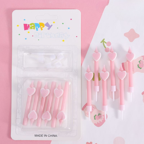 Set 6 nến ngắn màu HỒNG gắn TIM