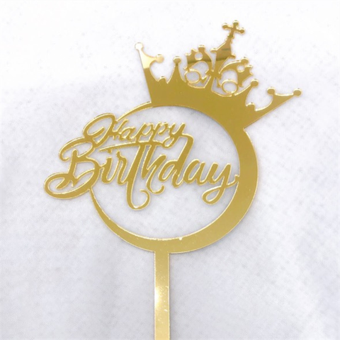 Topper mica HPBD tròn vương miện VÀNG