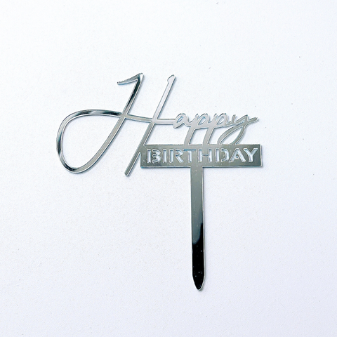 Topper mica HPBD màu BẠC chữ Happy nghiêng ( chữ H to mới )