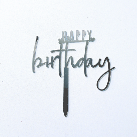 Topper mica HPBD màu BẠC chữ HAPPY in gạch chân nét mảnh + 2 trái tim nhỏ