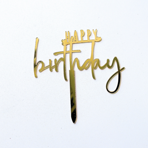 Topper mica HPBD màu VÀNG chữ HAPPY in gạch chân nét mảnh + 2 trái tim nhỏ