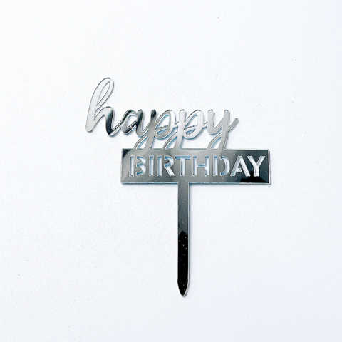 Topper mica HPBD màu BẠC chữ happy thường nét thanh nét đậm