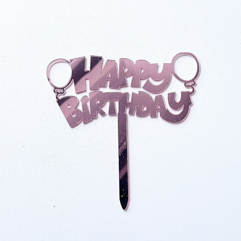 Topper mica HPBD bóng bay màu HỒNG chữ in nét đậm